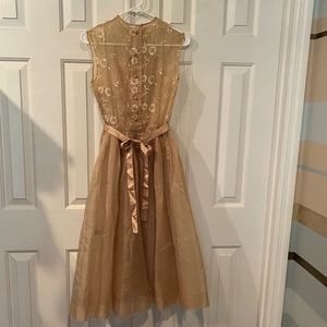 Vintage Sheer Gold Dress, Small Organza & Appliqué Floral & Leaf, As is- damaged